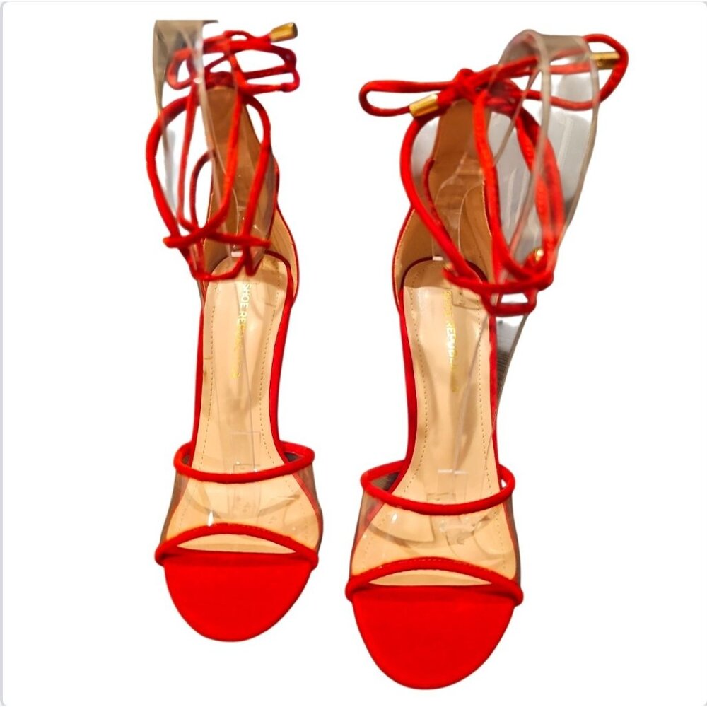 Red Strappy High Heel Sandals With Clear PVC & Ankle Tie Detail Elegant Evening - Picture 6 of 9